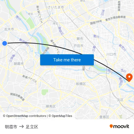 朝霞市 to 足立区 map
