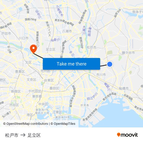 松戸市 to 足立区 map