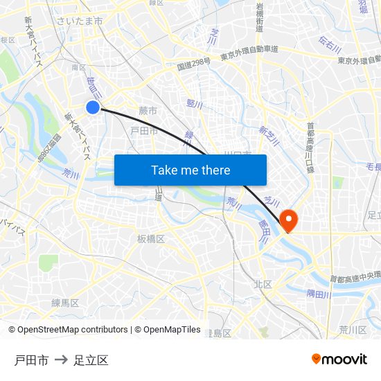 戸田市 to 足立区 map