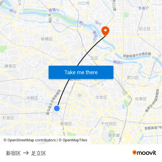 新宿区 to 足立区 map