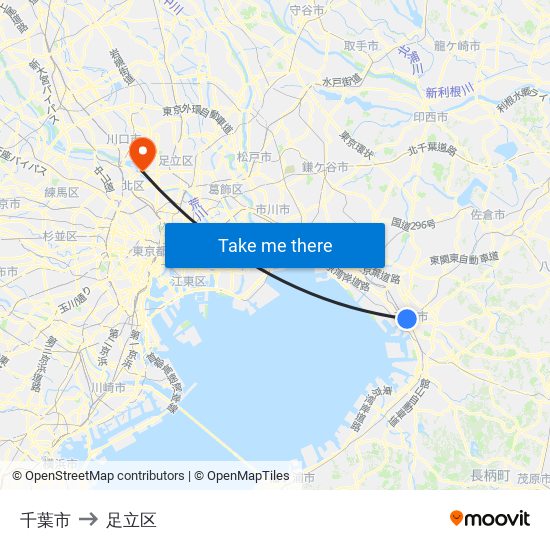 千葉市 to 足立区 map