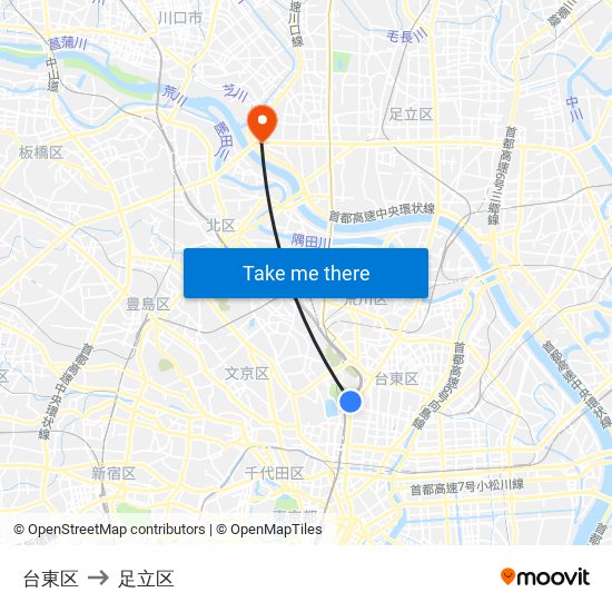 台東区 to 足立区 map