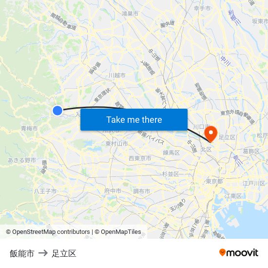 飯能市 to 足立区 map