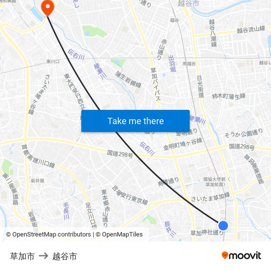 草加市 to 越谷市 map