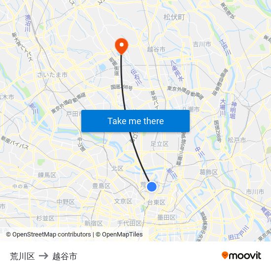 荒川区 to 越谷市 map