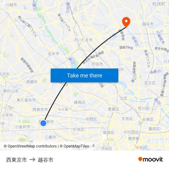西東京市 to 越谷市 map