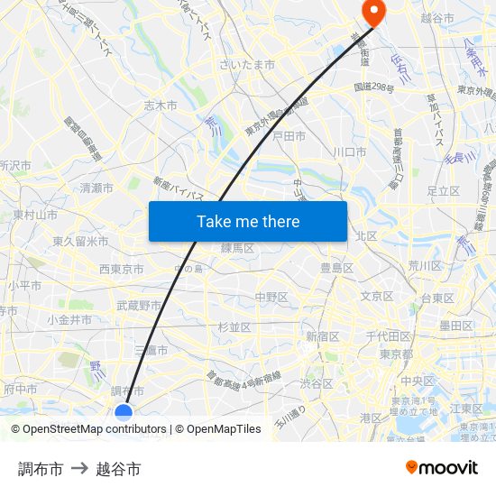 調布市 to 越谷市 map