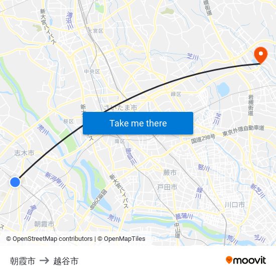 朝霞市 to 越谷市 map