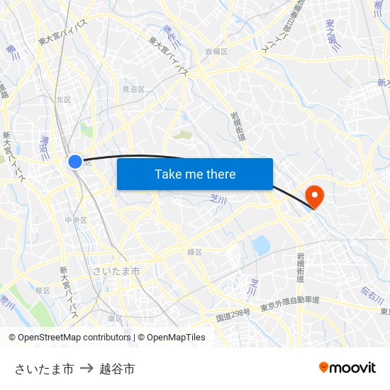 さいたま市 to 越谷市 map