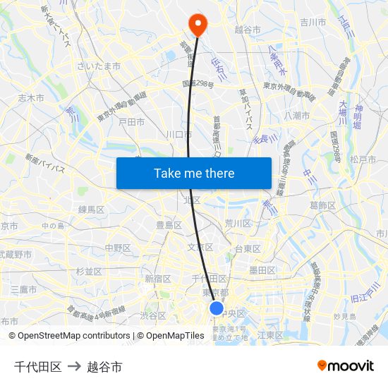 千代田区 to 越谷市 map