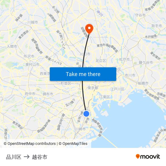 品川区 to 越谷市 map