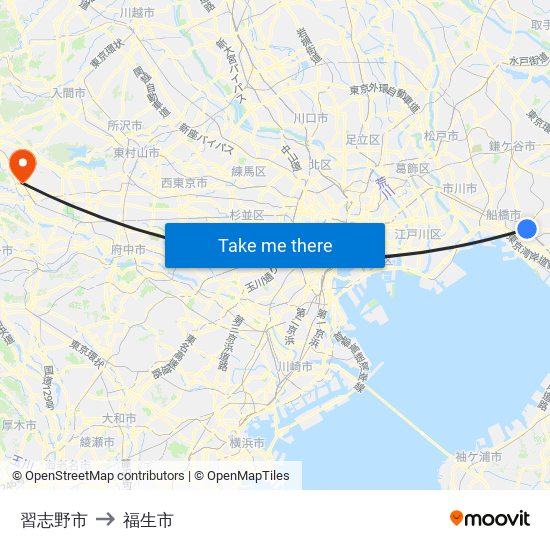 習志野市 to 福生市 map
