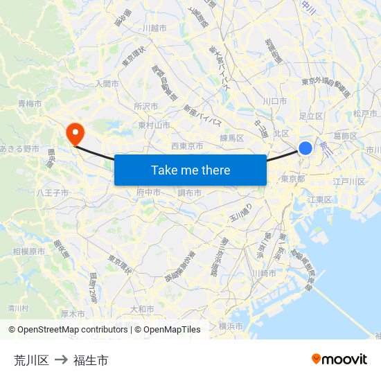 荒川区 to 福生市 map
