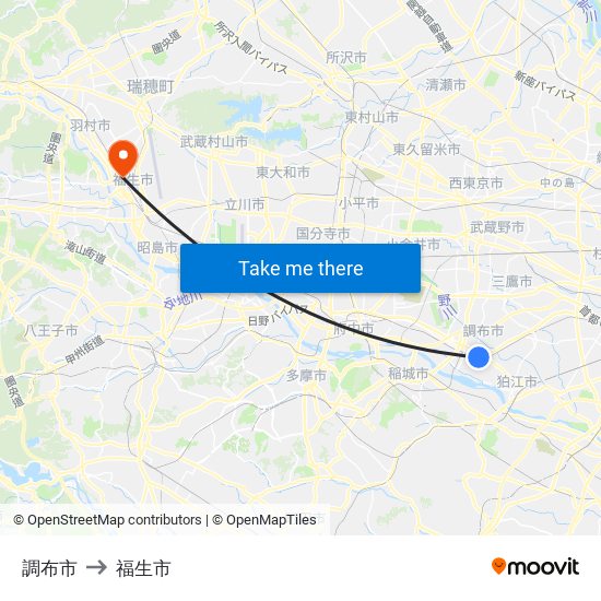 調布市 to 福生市 map
