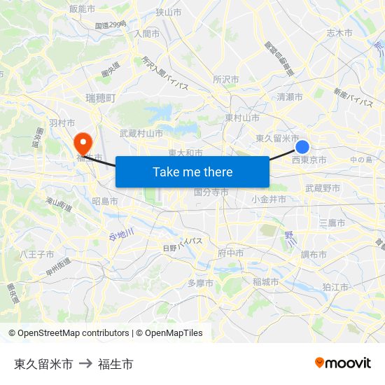 東久留米市 to 福生市 map