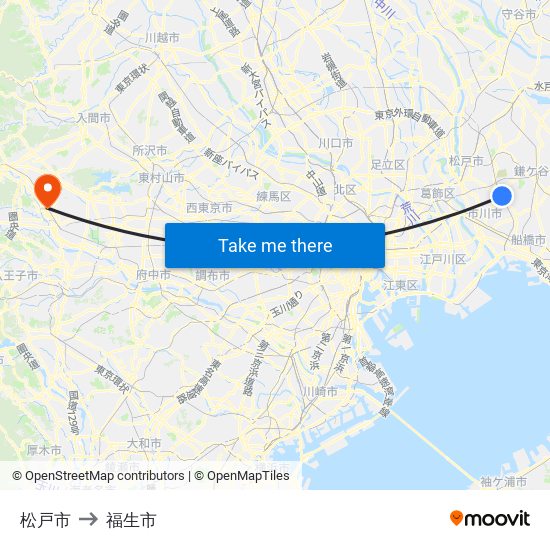 松戸市 to 福生市 map