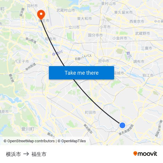 横浜市 to 福生市 map