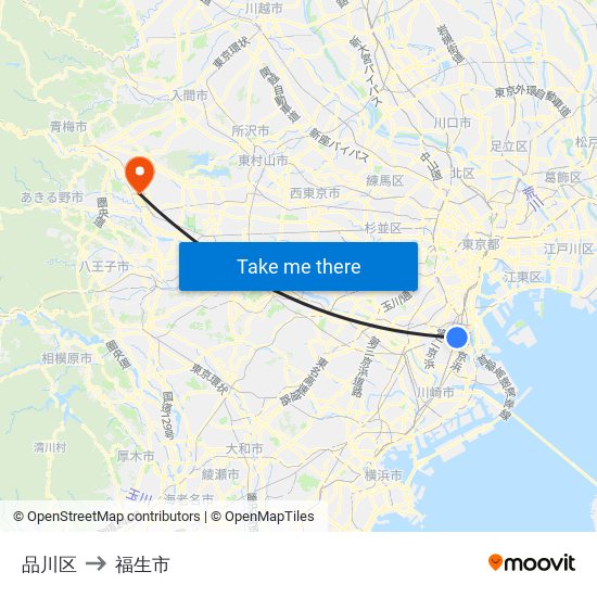 品川区 to 福生市 map