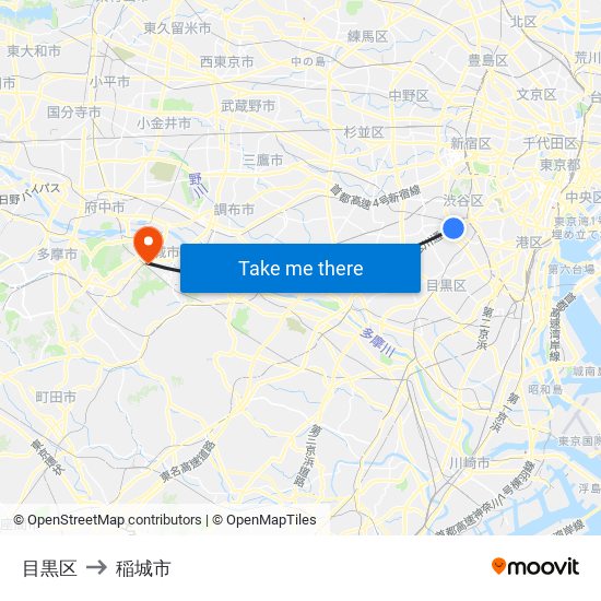 目黒区 to 稲城市 map