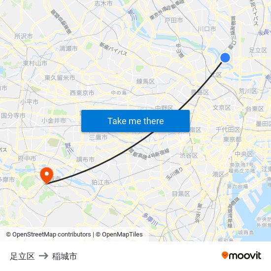 足立区 to 稲城市 map
