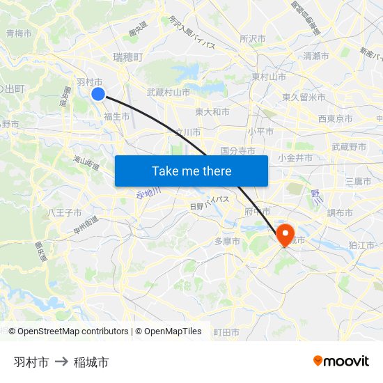 羽村市 to 稲城市 map
