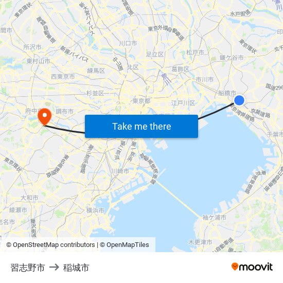 習志野市 to 稲城市 map