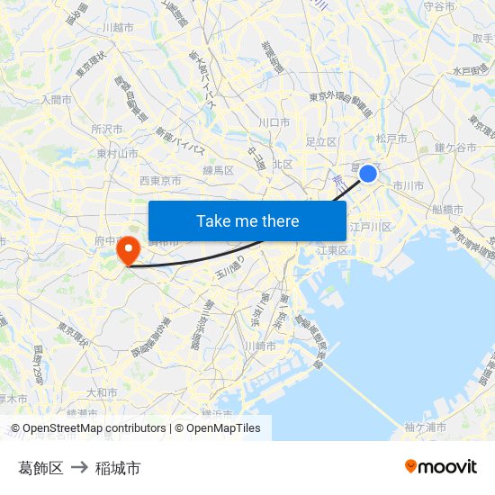 葛飾区 to 稲城市 map