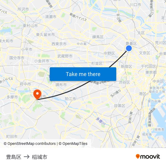 豊島区 to 稲城市 map