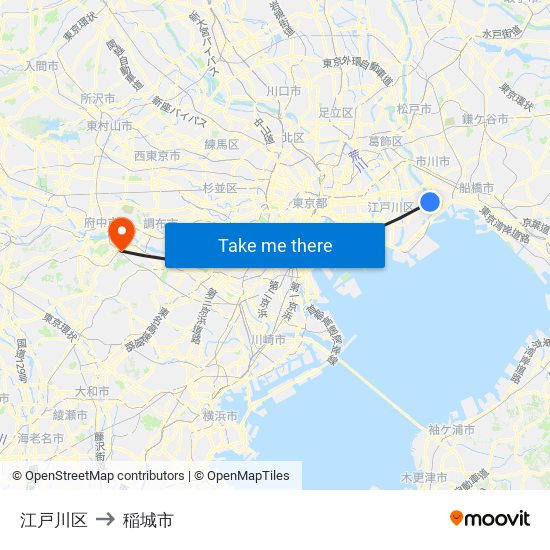 江戸川区 to 稲城市 map