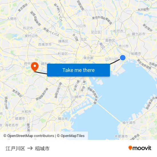 江戸川区 to 稲城市 map