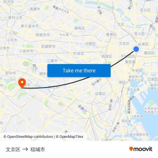 文京区 to 稲城市 map