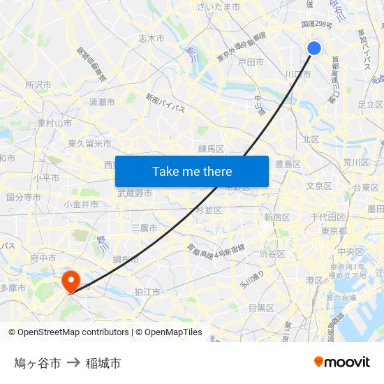 鳩ヶ谷市 to 稲城市 map