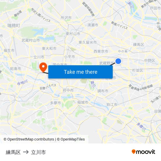 練馬区 to 立川市 map
