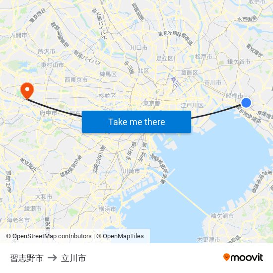 習志野市 to 立川市 map