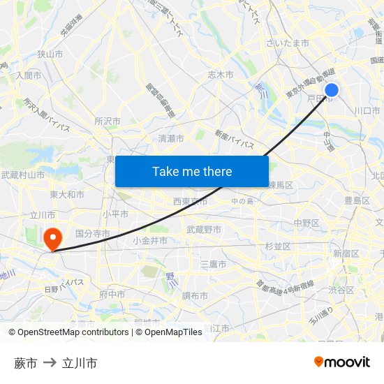 蕨市 to 立川市 map