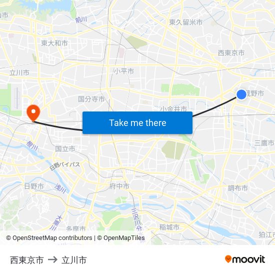 西東京市 to 立川市 map