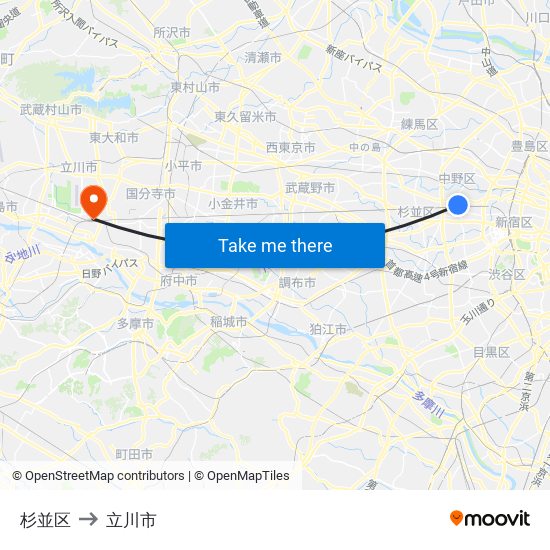 杉並区 to 立川市 map