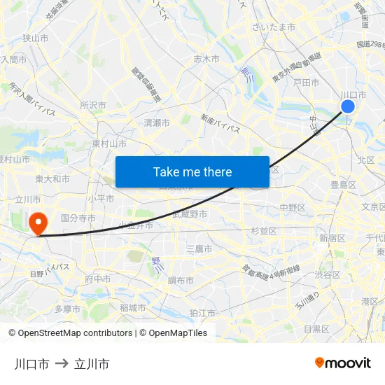 川口市 to 立川市 map