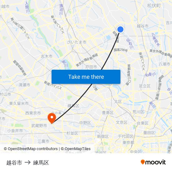 越谷市 to 練馬区 map