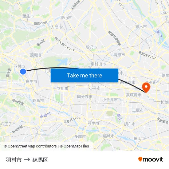 羽村市 to 練馬区 map
