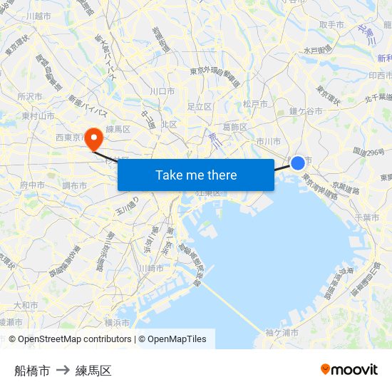 船橋市 to 練馬区 map