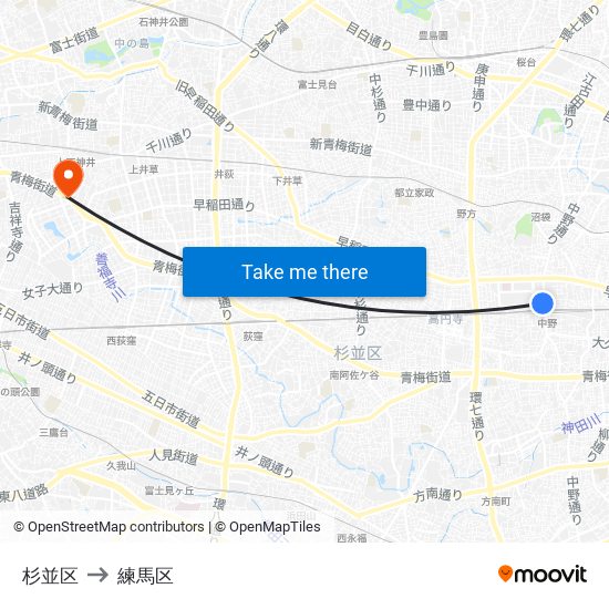 杉並区 to 練馬区 map