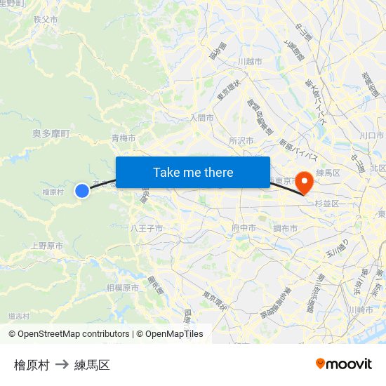 檜原村 to 練馬区 map