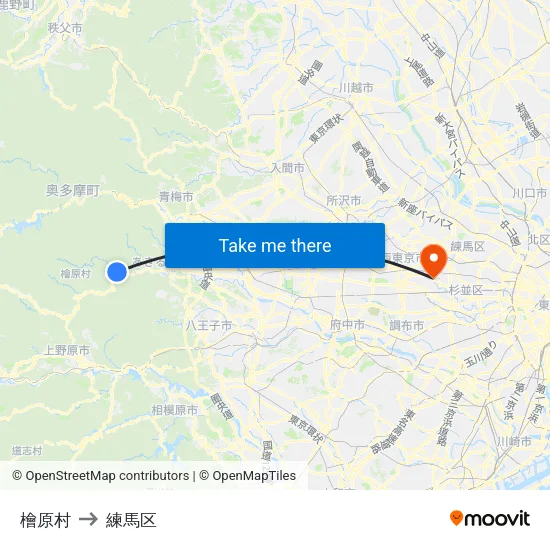 檜原村 to 練馬区 map