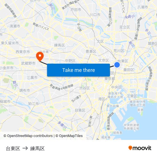 台東区 to 練馬区 map