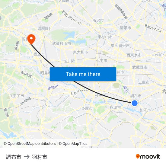調布市 to 羽村市 map