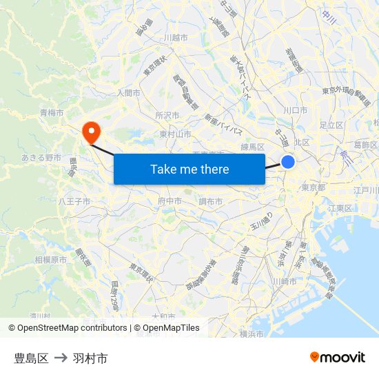 豊島区 to 羽村市 map