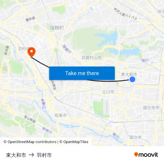 東大和市 to 羽村市 map