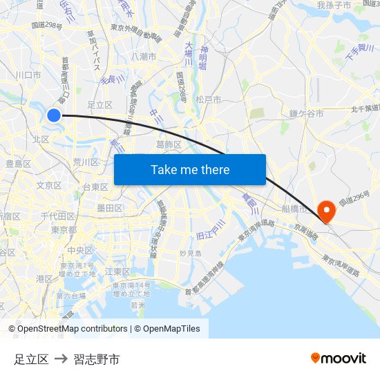足立区 to 習志野市 map