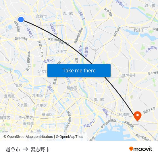 越谷市 to 習志野市 map